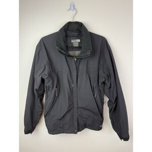 Womens Jacket-REI-black nylon "Elements E1 Windbreaker" hooded-L